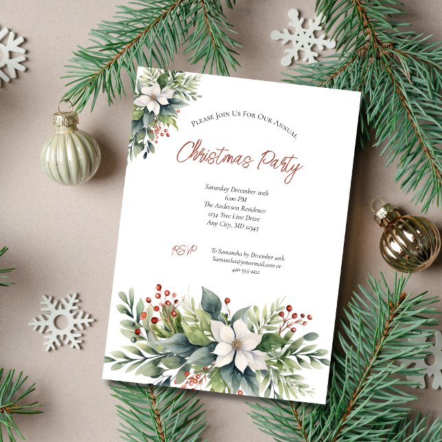 Convite Festa de Natal de Poinsettia Red Berries (Poinsettia Greenery Christmas Holiday Party Invitation Printed or Digital Instant Download)