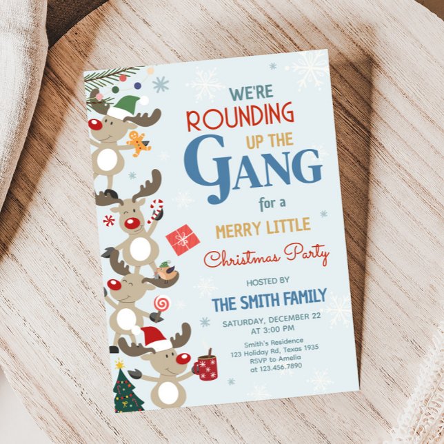 Convite Festa de Natal de Reindeer Divertido (We're Rounding Up the Gang Reindeer Christmas Party Invitation)