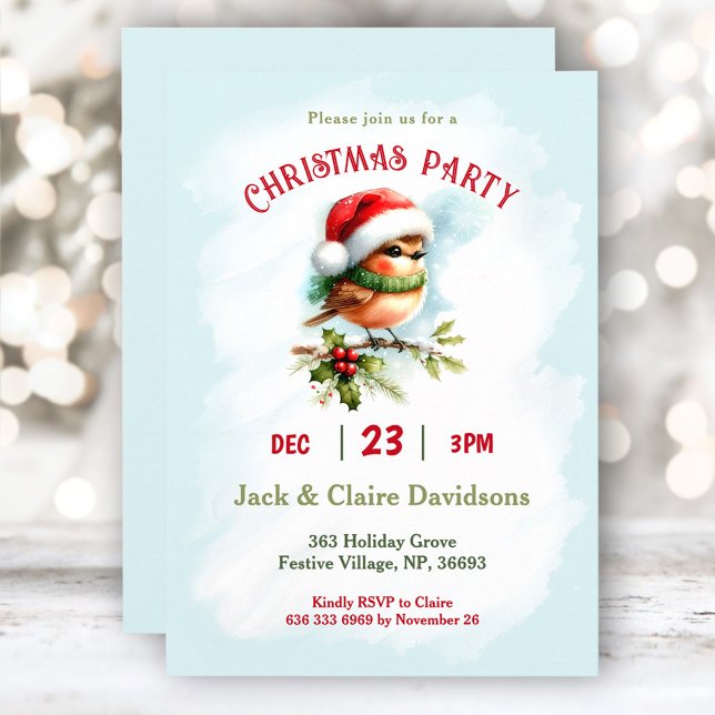 Convite Festa de Natal de Robin Bird Santa Hat, um belo in (Cute Winter Robin Bird Santa Hat Christmas Party Invitation)