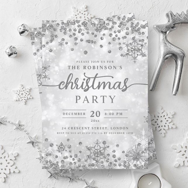 Convite Festa de Natal de Silver Winter Diamantes (Festive Silver Winter Diamonds Christmas Party Invitation)