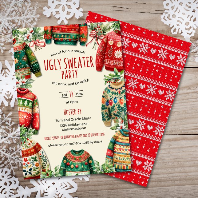Convite Festa de Natal de Suéter Feio (Ugly Sweater Christmas Party Invitation with a variety of sweaters, handwritten font, sweater print.)