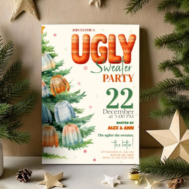 Convite Festa de Natal de Suéter Feio Aquarela Aconchegant (Ugly Sweater Christmas Party Cozy Watercolor Invitation, Xmas Invite)