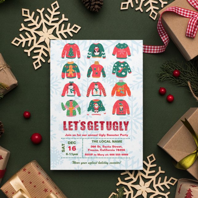 Convite Festa de Natal de Suéter Feio e Divertido (Lets get ugly, funny ugly sweater christmas party invitation)