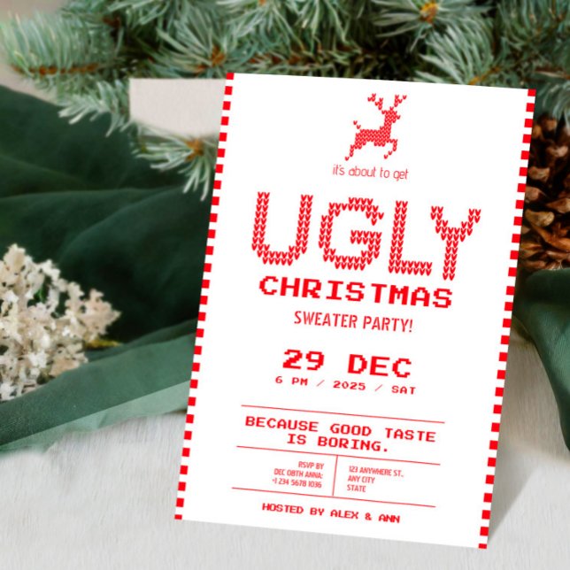 Convite Festa de Natal de Suéter Feio | Pixel Knit Engraça (Ugly Sweater Christmas Party | Funny Pixel Knit Invitation | Tis The Season Invitation)