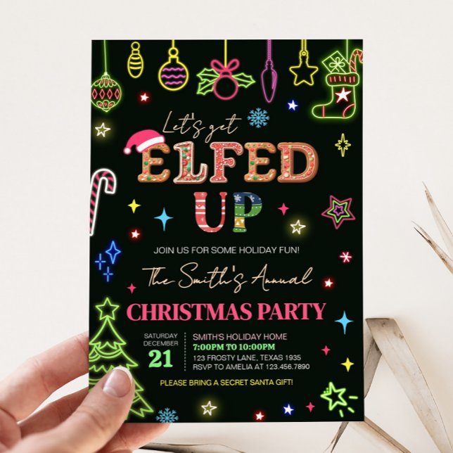 Convite Festa de Natal de vamos (Let's Get Elfed Up Neon Christmas Party Invitation)