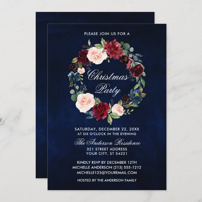 Convite Festa de Natal de Wreath Floral da Elegant Waterco (Frente/Verso)