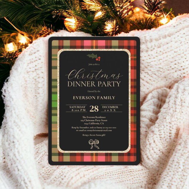 Convite Festa de Natal de Xadrez festiva de ouro tradicion (Traditional gold Festive Plaid Christmas Party Invitation)