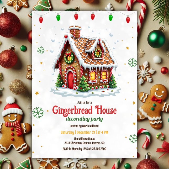 Convite Festa de Natal decoradora da Casa do Gingerpão (Cute Modern Gingerbread House Decorating Christmas Party Invitation)