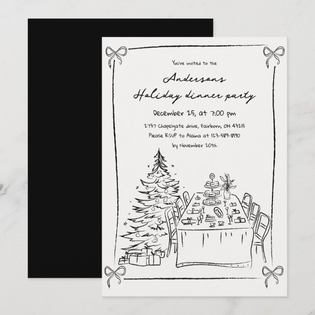 Convite Festa de Natal Desenhada à Mão em Preto e Branco (Frente/Verso)