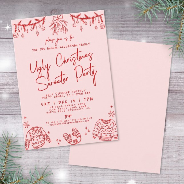 Convite Festa de Natal Desenhada com Mão Suave (Ugly Sweater Hand Drawn Christmas Party Invitation)