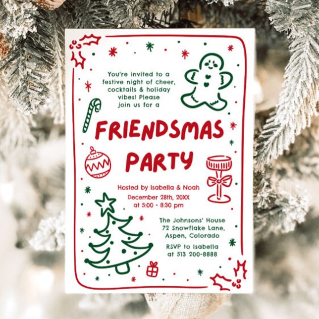 Convite Festa de Natal Desenhada Festa de Amizade (Whimsical Holiday Hand Drawn Friendsmas Party Card)