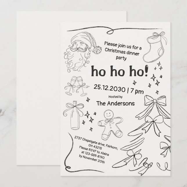 Convite Festa de Natal Desenho à Mão Preto e Branco (Frente/Verso)