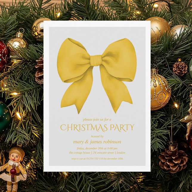 Convite Festa de Natal do Arco Dourado Elegante (Elegant Gold Bow Christmas Holiday Party Invitation)
