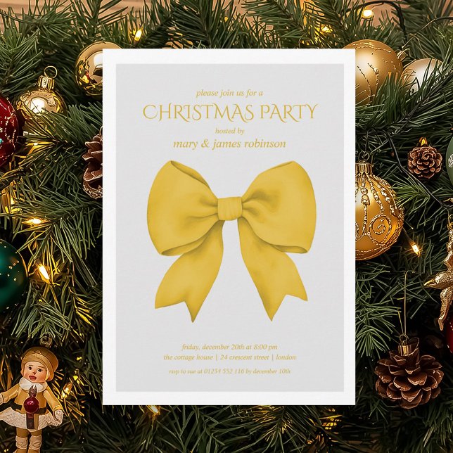 Convite Festa de Natal do Arco Dourado moderno (Modern Gold Bow Christmas Holiday Party Invitation)