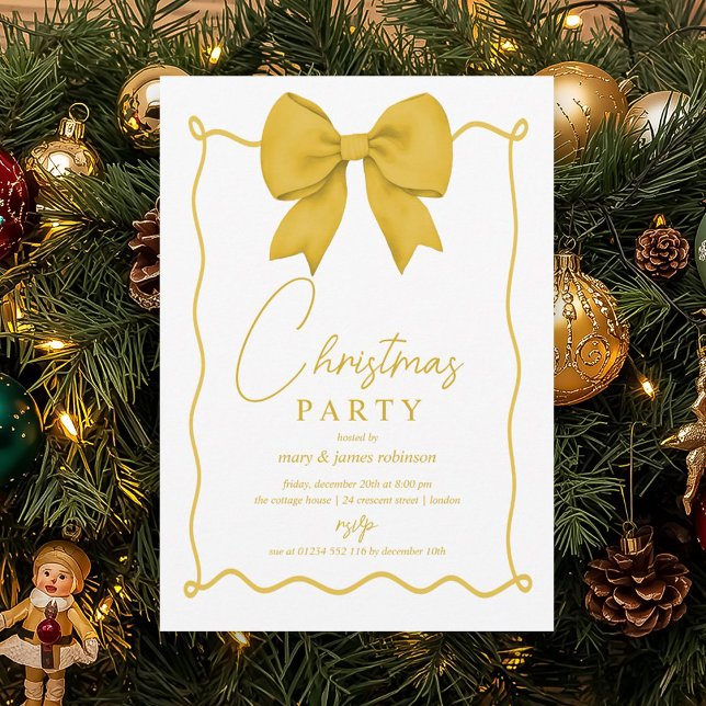 Convite Festa de Natal do Arco Dourado Whimsic (Whimsical Gold Bow Christmas Holiday Party Invitation)