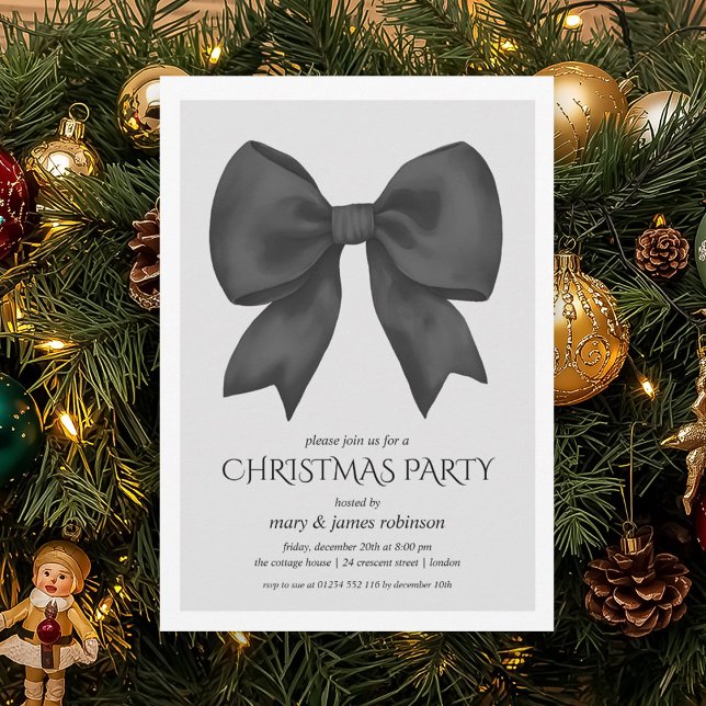 Convite Festa de Natal do Arco Negro Elegante (Elegant Black Bow Christmas Holiday Party Invitation)