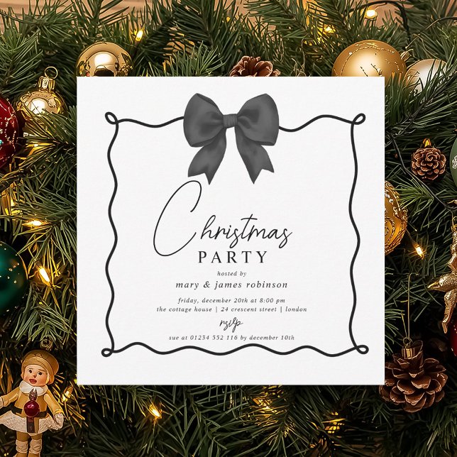 Convite Festa de Natal do Arco Negro Whimsic (Whimsical Black Bow Christmas Holiday Party Invitation)