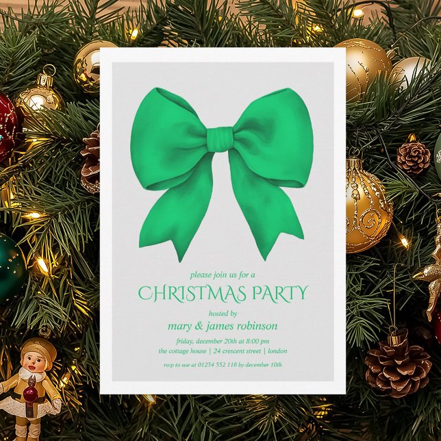 Convite Festa de Natal do Arco Verde Elegante (Elegant Green Bow Christmas Holiday Party Invitation)