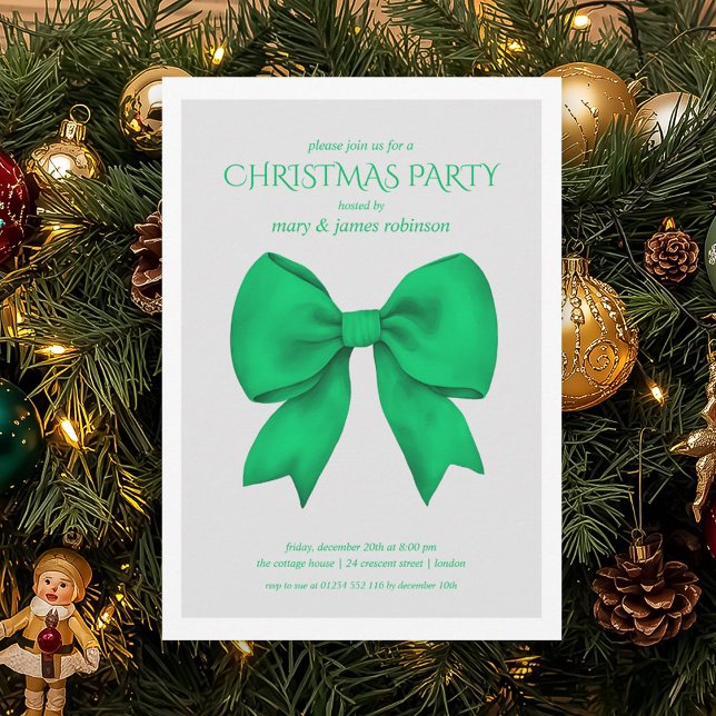 Convite Festa de Natal do Arco Verde Moderno (Modern Green Bow Christmas Holiday Party Invitation)