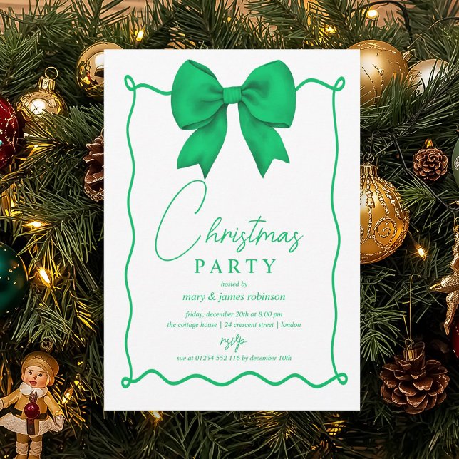 Convite Festa de Natal do Arco Verde Whimsic (Whimsical Green Bow Christmas Holiday Party Invitation)
