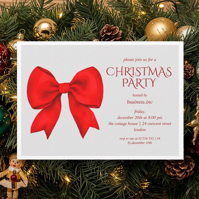 Convite Festa de Natal do Arco Vermelho Corporativo (Corporate Red Bow Christmas Holiday Party Invitation)