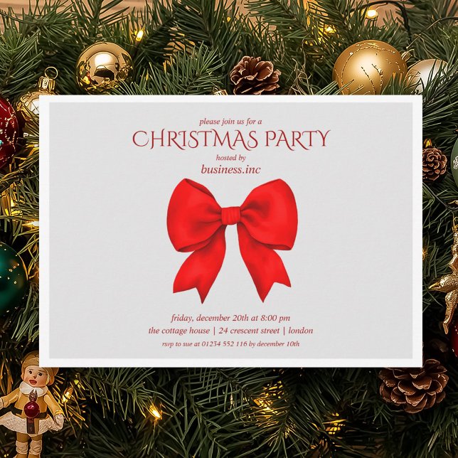 Convite Festa de Natal do Arco Vermelho Corporativo (Corporate Red Bow Christmas Holiday Party Invitation)