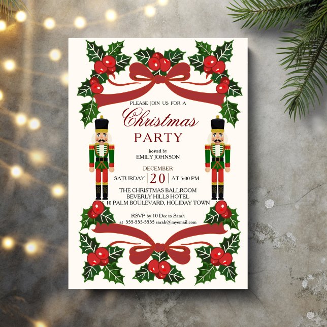 Convite Festa de Natal do arco Vermelho do Cutcracker (Nutcracker red bow nostalgia Christmas Party Invitation cards template)
