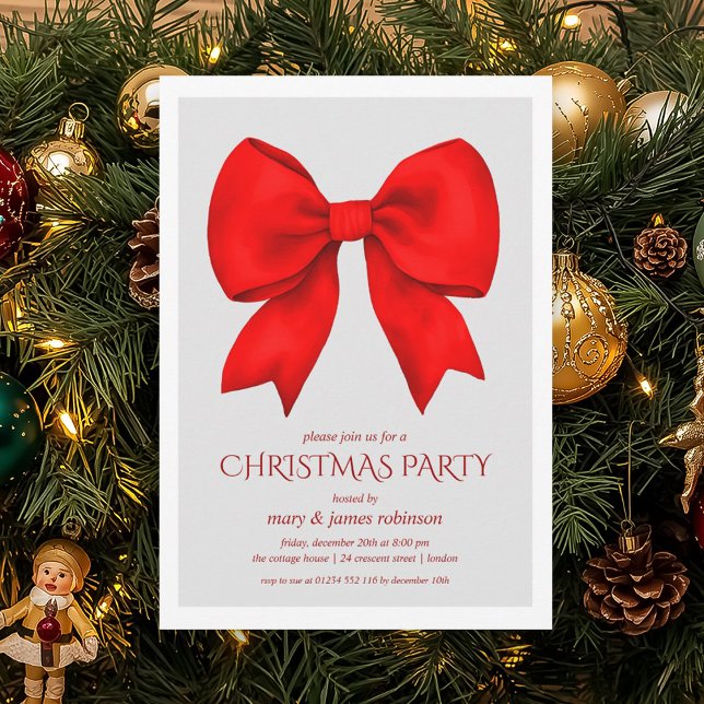 Convite Festa de Natal do Arco Vermelho Elegante (Elegant Red Bow Christmas Holiday Party Invitation)