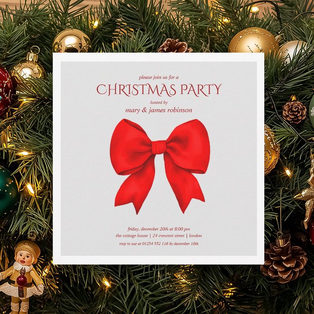 Convite Festa de Natal do Arco Vermelho Moderno (Modern Red Bow Christmas Holiday Party Invitation)