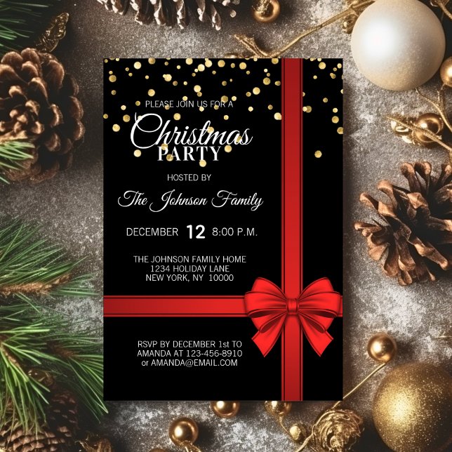 Convite Festa de Natal do Arco Vermelho Negro Elegante (Elegant Black Red Bow Christmas Holiday Party Invitation)