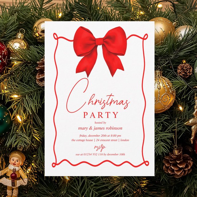 Convite Festa de Natal do Arco Vermelho Whimsical (Whimsical Red Bow Christmas Holiday Party Invitation)