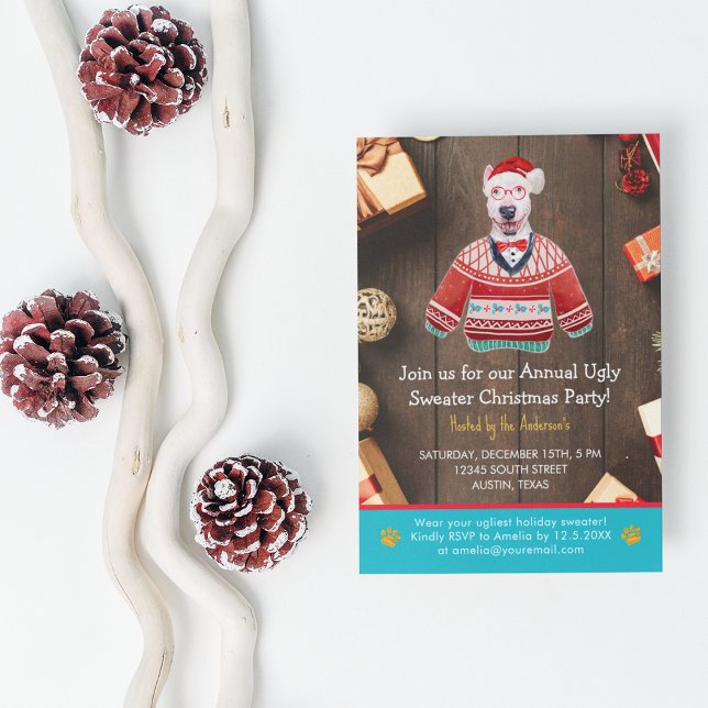 Convite Festa de Natal do Bull Terrier Ugly Sweater (Front)