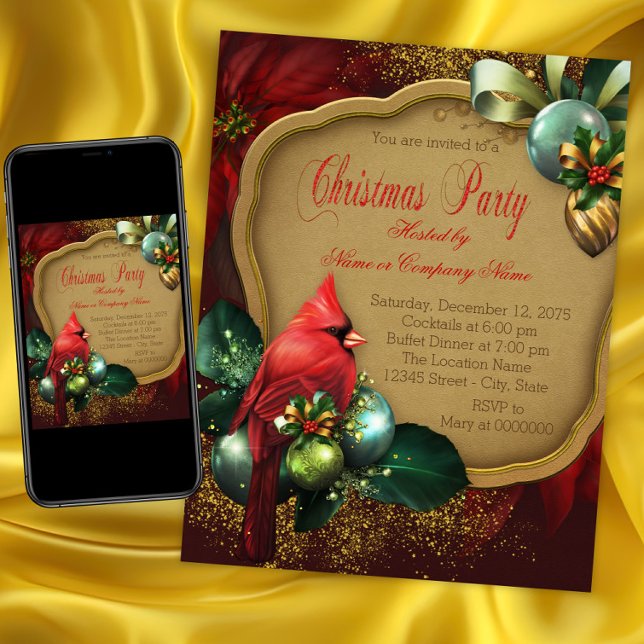 Convite Festa de Natal do Cardinal Vermelho Elegante (Red Cardinal Christmas Party Invitation. Instant download and printed invitations available.)