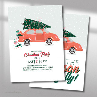 Convite Festa de Natal do Carro Vermelho com Árvore em Cim
