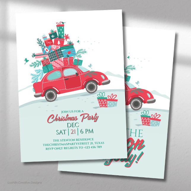 Convite Festa de Natal do Carro Vermelho com Presentes (Criador carregado)