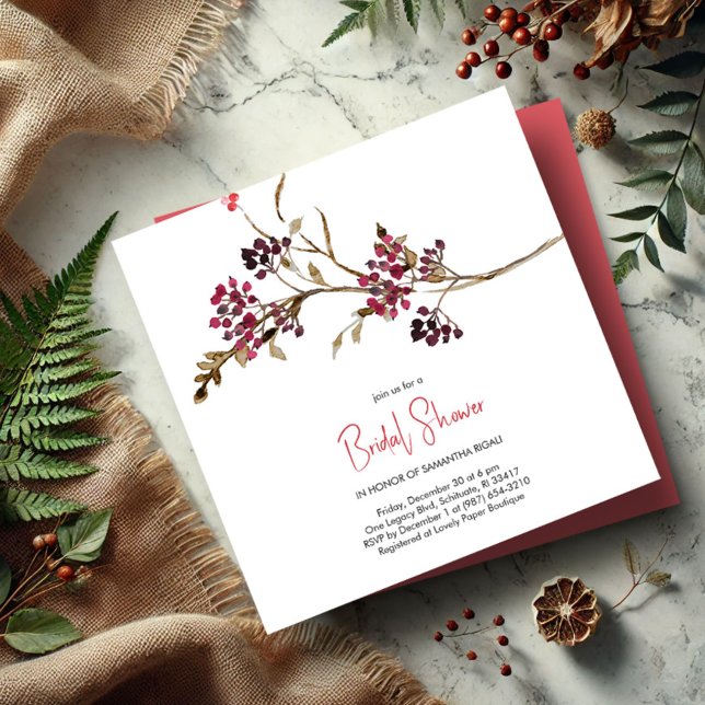 Convite Festa de Natal do Chá de panela Elegante (Bridal shower invitations rustic watercolor berries and botanicals fall and winter)