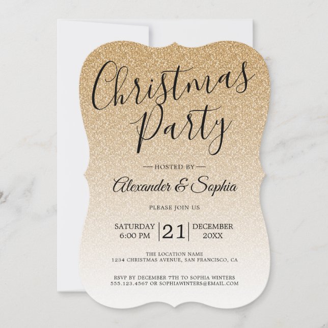 Convite Festa de Natal do Chic Script Dourado Glitter Ombr (Frente)
