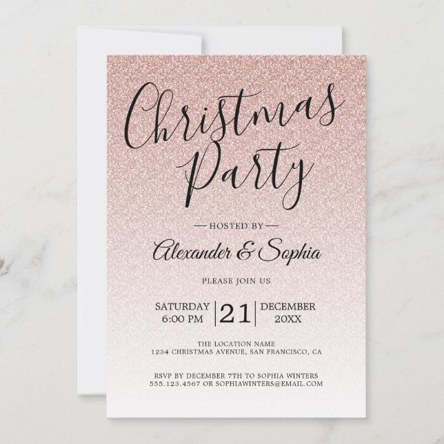 Convite Festa de Natal do Chic Script Pink Glitter Ombre (Frente)