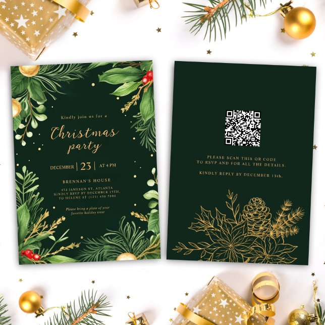 Convite Festa de Natal do Código QR do Elegant Holiday Gre (Elegant Holiday Greenery QR Code Christmas Party I Invitation)