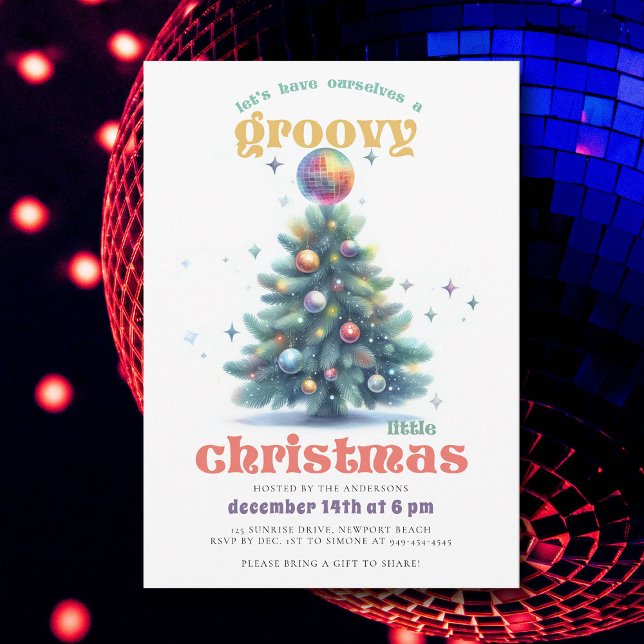 Convite Festa de Natal do Desco de Natal em Groovy (groovy little christmas ball tree party invitation)