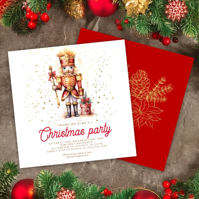 Convite Festa de Natal do Dourado Nutcracker Vermelho Eleg (Elegant Red Gold Nutcracker Christmas Party Invitation)