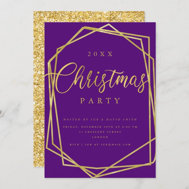 Convite Festa de Natal do Dourado Quadro Roxo do Script MO (Frente/Verso)