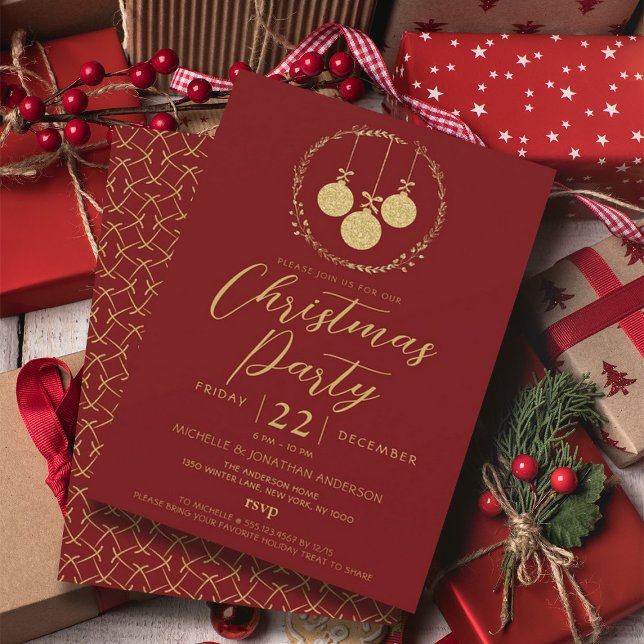 Convite Festa de Natal do Elegante Maroon Dourada Glitter  (Elegant Maroon Gold Glitter Wreath Christmas Party Invitation)