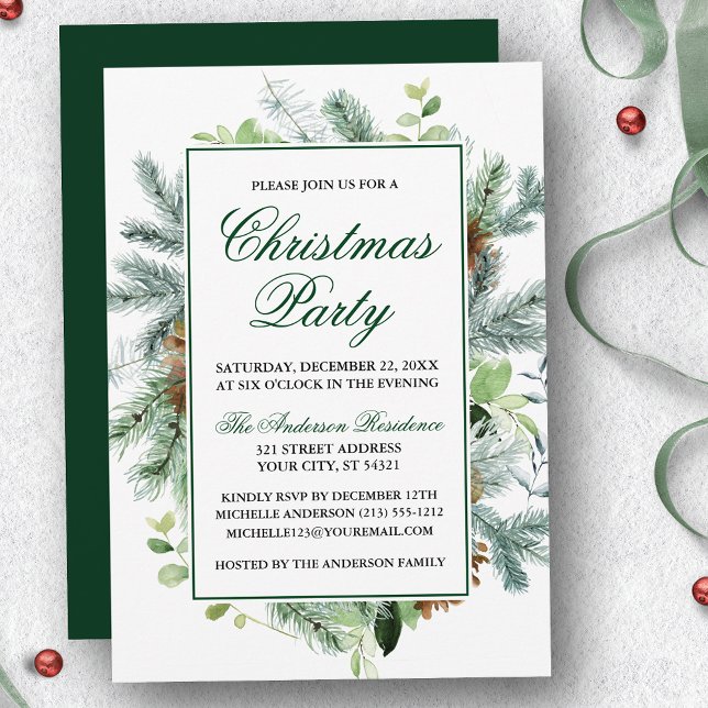 Convite Festa de Natal do Elegante Watercolor Greenery Pin (Customize to change text color, size, style or to change color of back of card.)