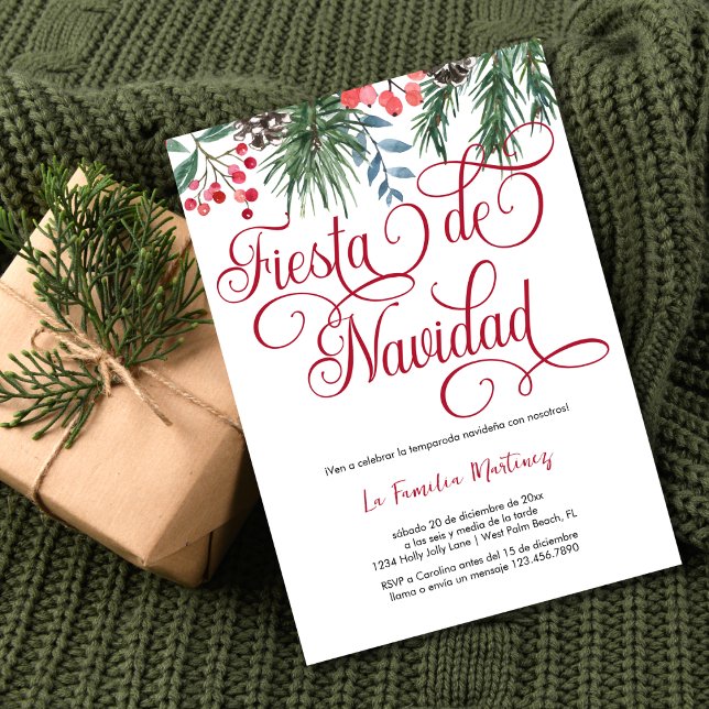 Convite Festa de Natal do Espanhol Elegante Pine Red Scrip (Criador carregado)