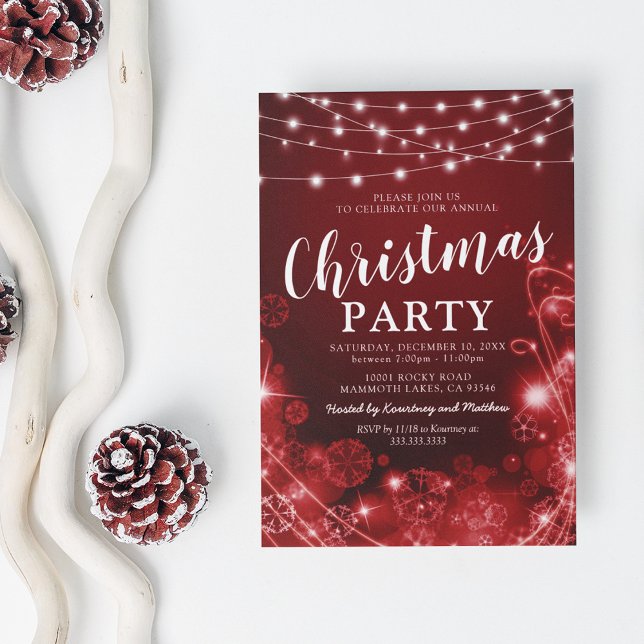Convite Festa de Natal do Floco de Neve Vermelho Elegante (Criador carregado)