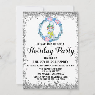 Convite Festa de Natal do inverno Blue Wreath Silver