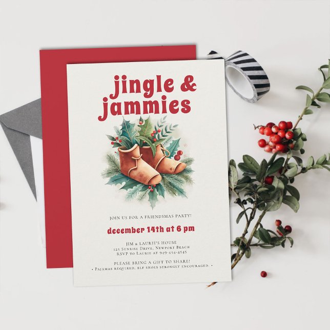 Convite Festa de Natal do Jingle Jammies PJ Elf Friendsmas (friendsmas christmas party invitation funny jingle jammies pj slumber sleepover elf slippers )