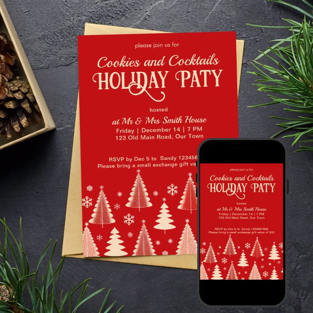Convite Festa de Natal do meio século retro modelo (Christmas party midcentury retro red with beige trees editable template invitation digital download)