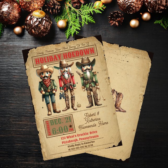 Convite Festa de Natal do Noturcracker Western Holiday (Nutcrackers Western Holiday Hoedown Rustic Christmas Party Invitation)